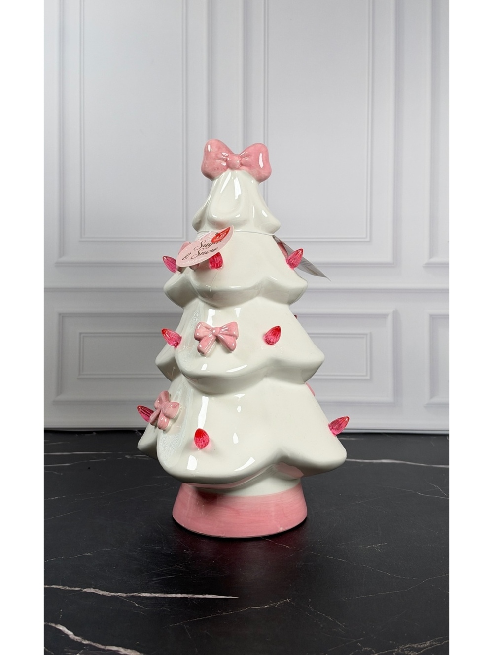Sugar & Snow White Pink Bow LED Ceramic Christmas Tree 12” Coquette Decor